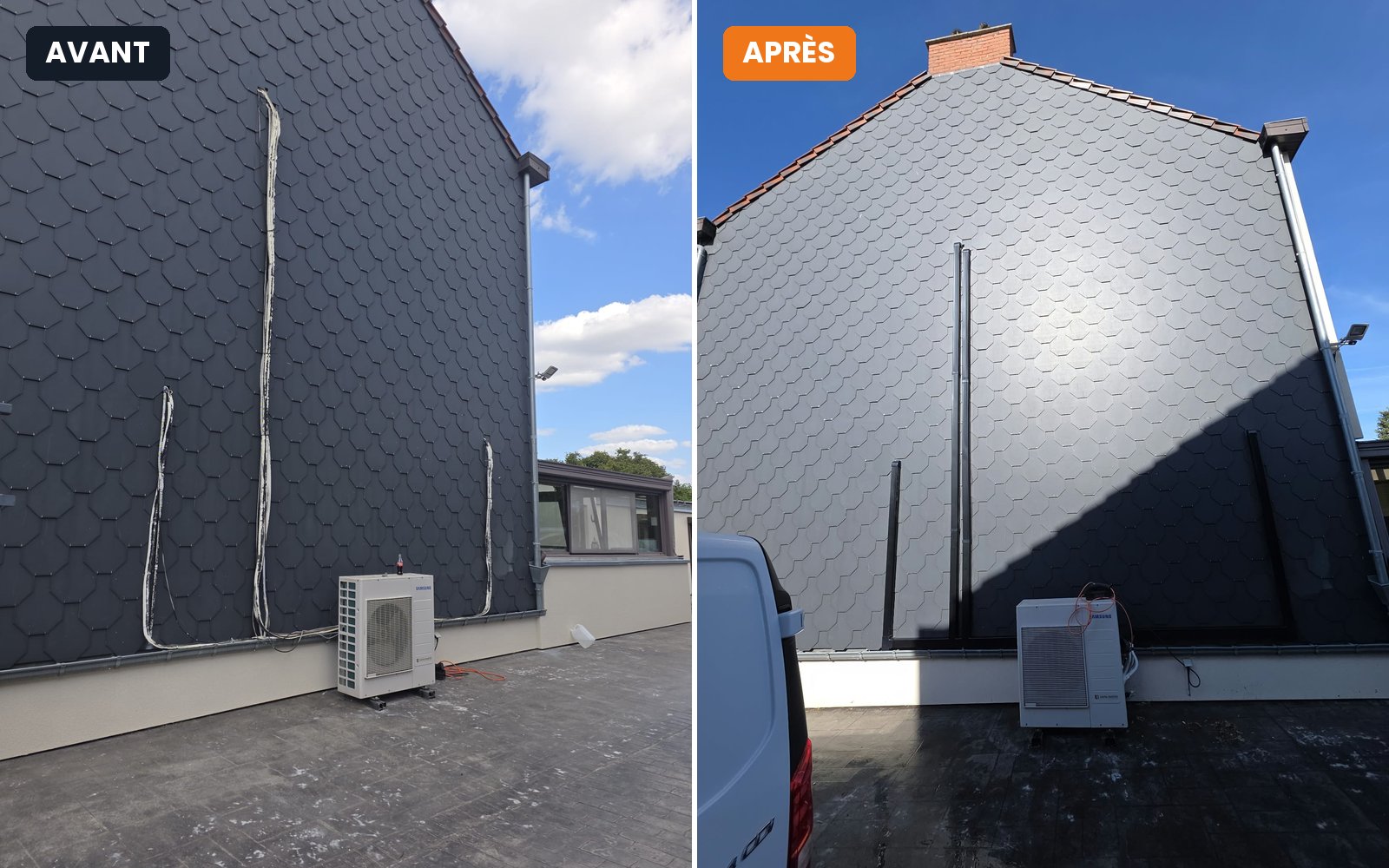 Avant / après : liaisons de climatisation habillées de goulottes anthracite sur une façade en ardoise à Auvelais